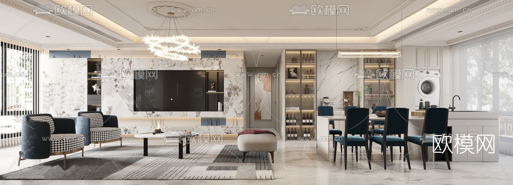 法式客厅餐厅3d模型下载（渲染图2）