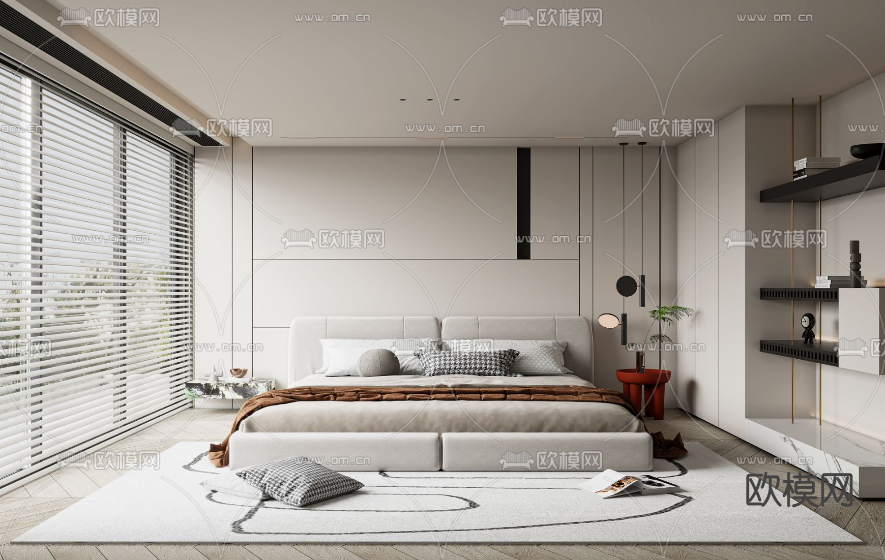现代奶油风卧室主人房3d模型下载_ID12032174_3dmax免费模型-欧模网