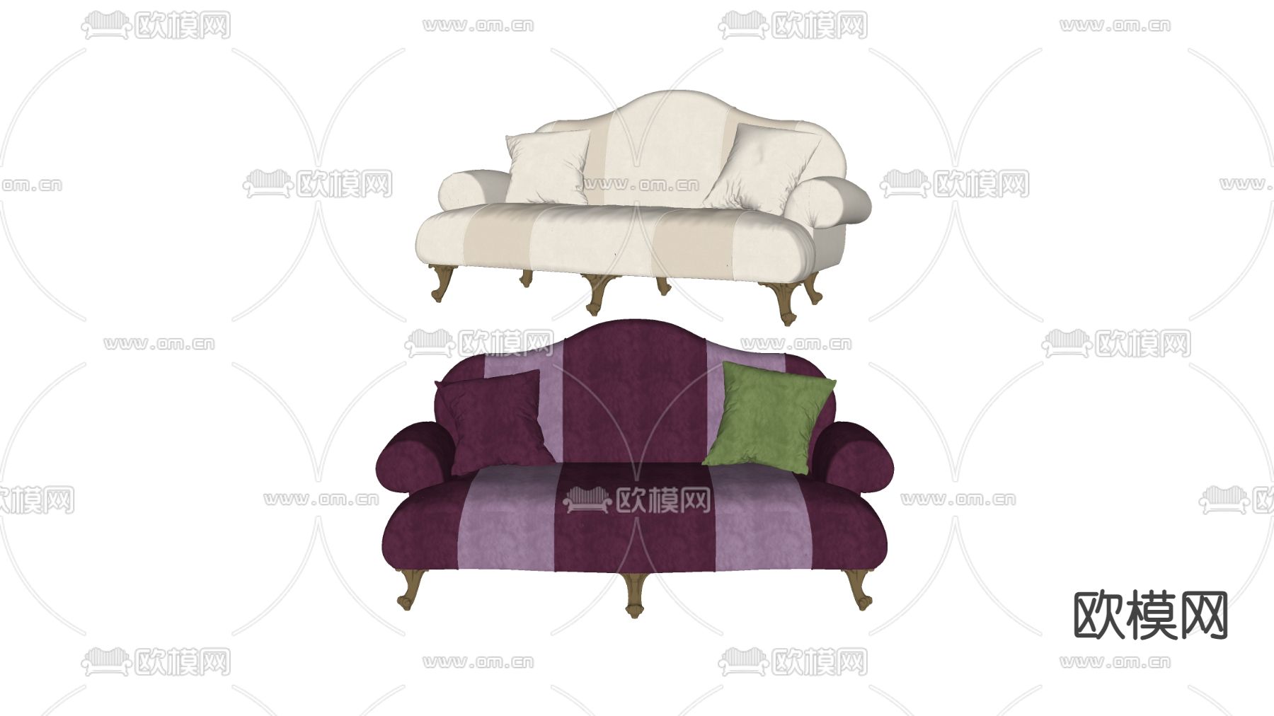 简欧紫红色绒布双人沙发su模型下载（渲染图2）