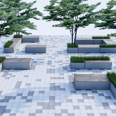  现代户外条形坐凳树池su模型 