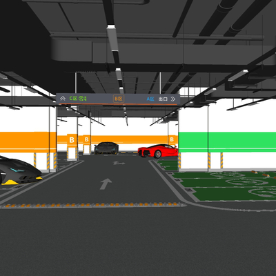  现代停车场地下车库su模型 