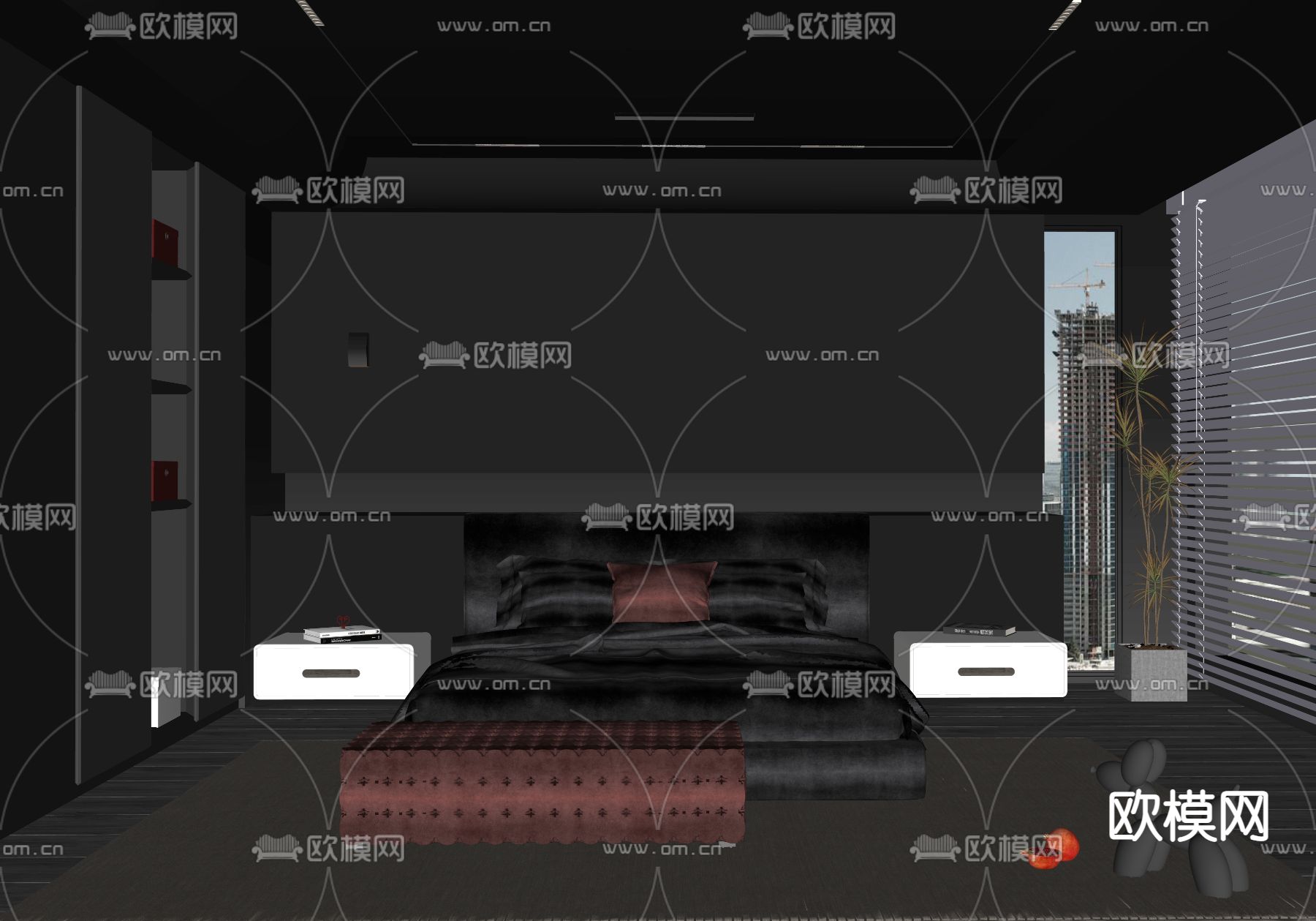 现代高级灰卧室su模型下载（渲染图2）
