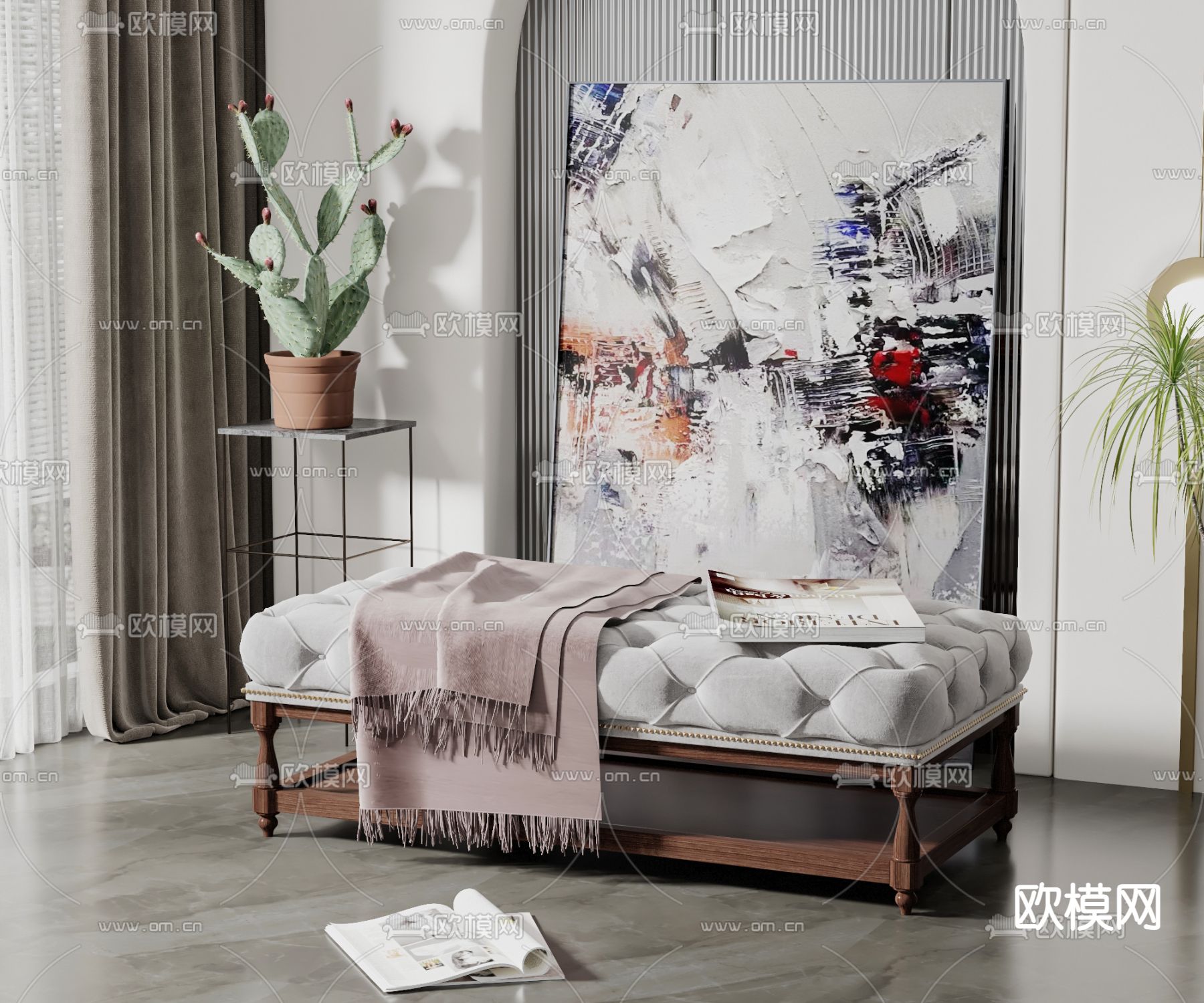 简欧灰白色床尾凳脚踏3d模型下载