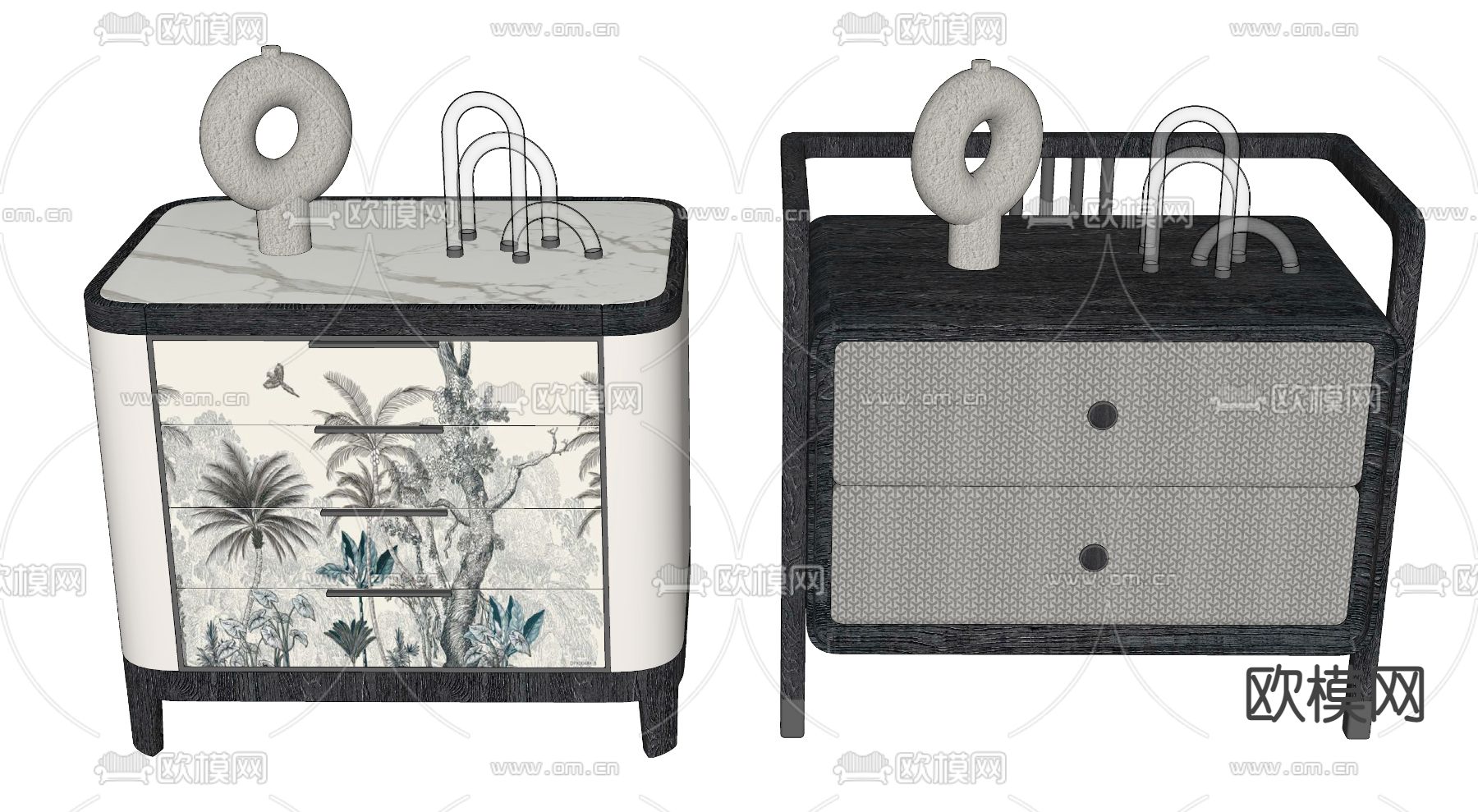 新中式彩绘抽屉床头柜su模型下载（渲染图2）