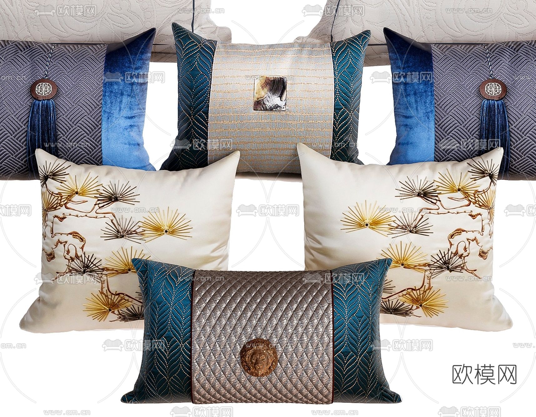新中式花纹抱枕3d模型下载（渲染图2）