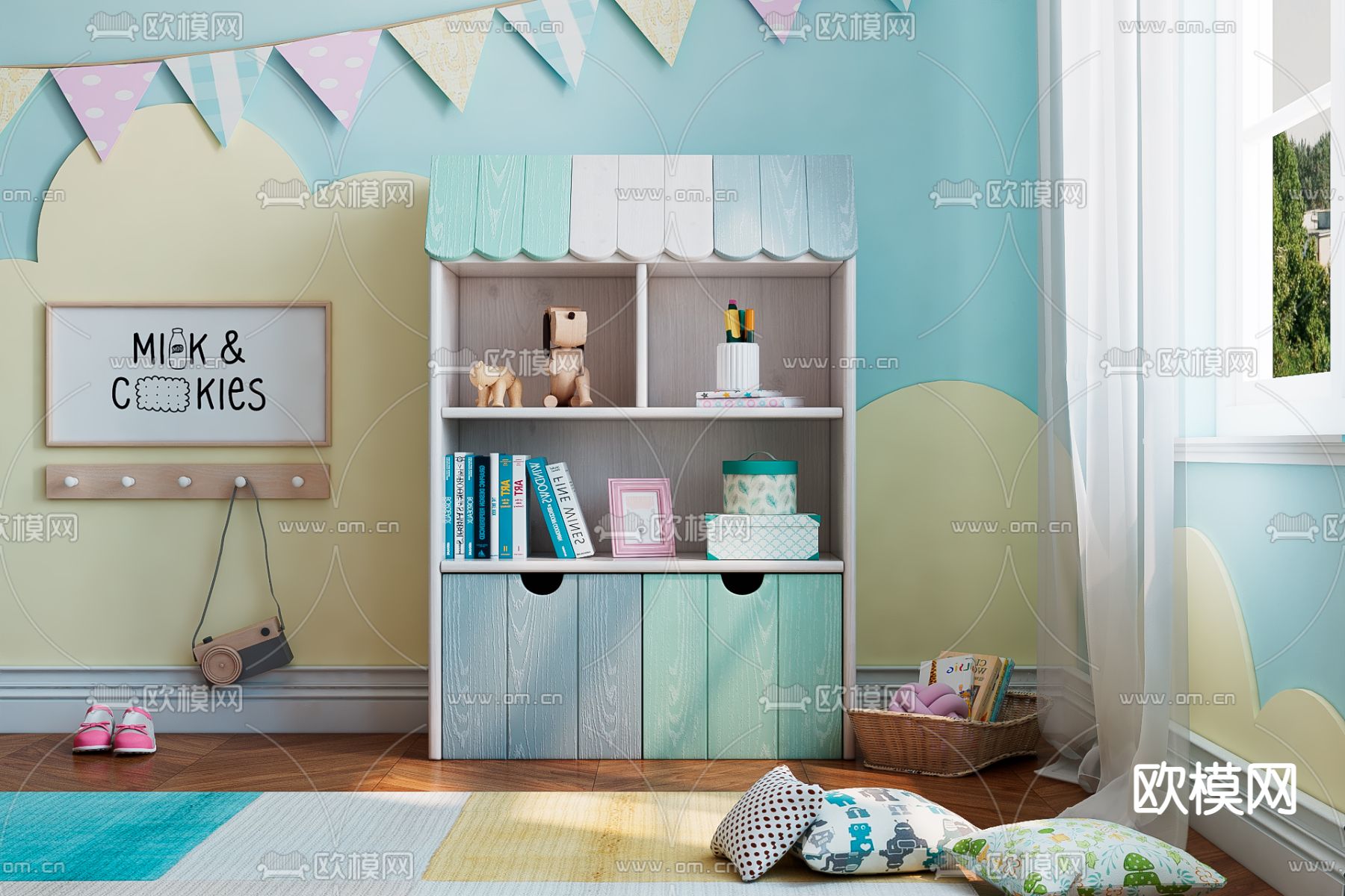 现代马卡龙实木儿童书柜3d模型下载