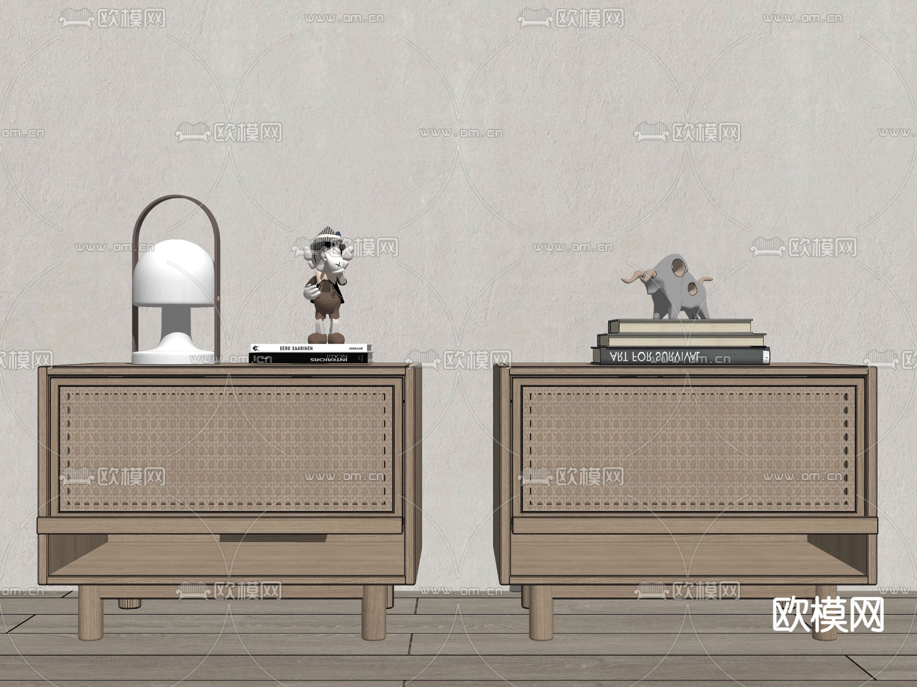 侘寂藤编床头柜su模型下载（渲染图2）