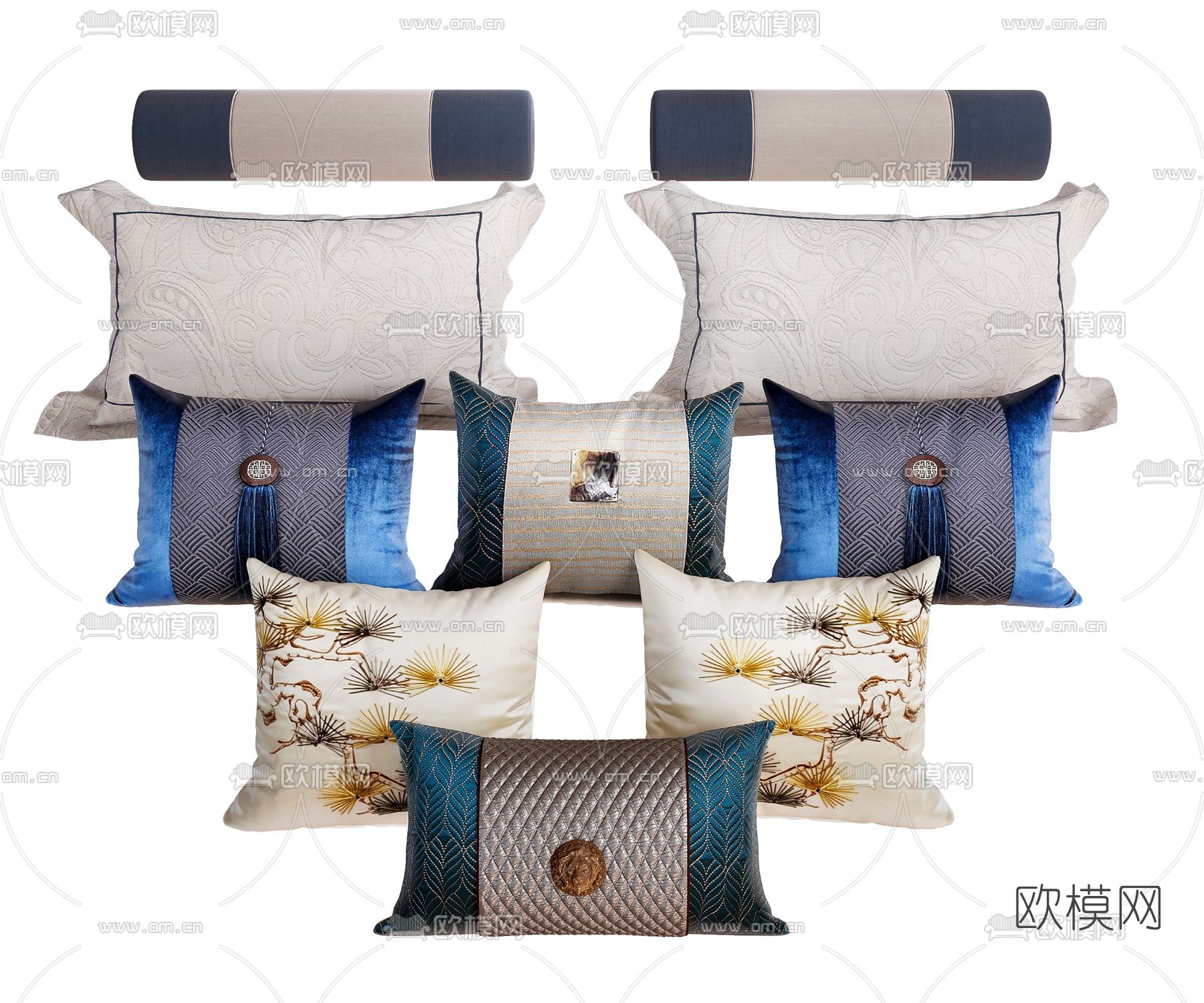 新中式花纹抱枕3d模型下载（渲染图1）