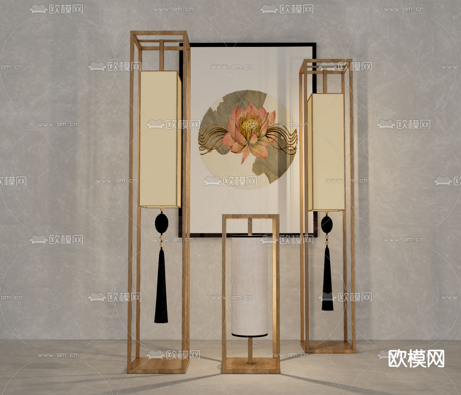 新中式实木落地灯su模型下载（渲染图1）