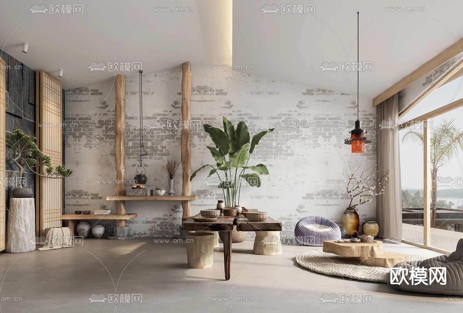 侘寂风民宿大厅su模型下载（渲染图1）