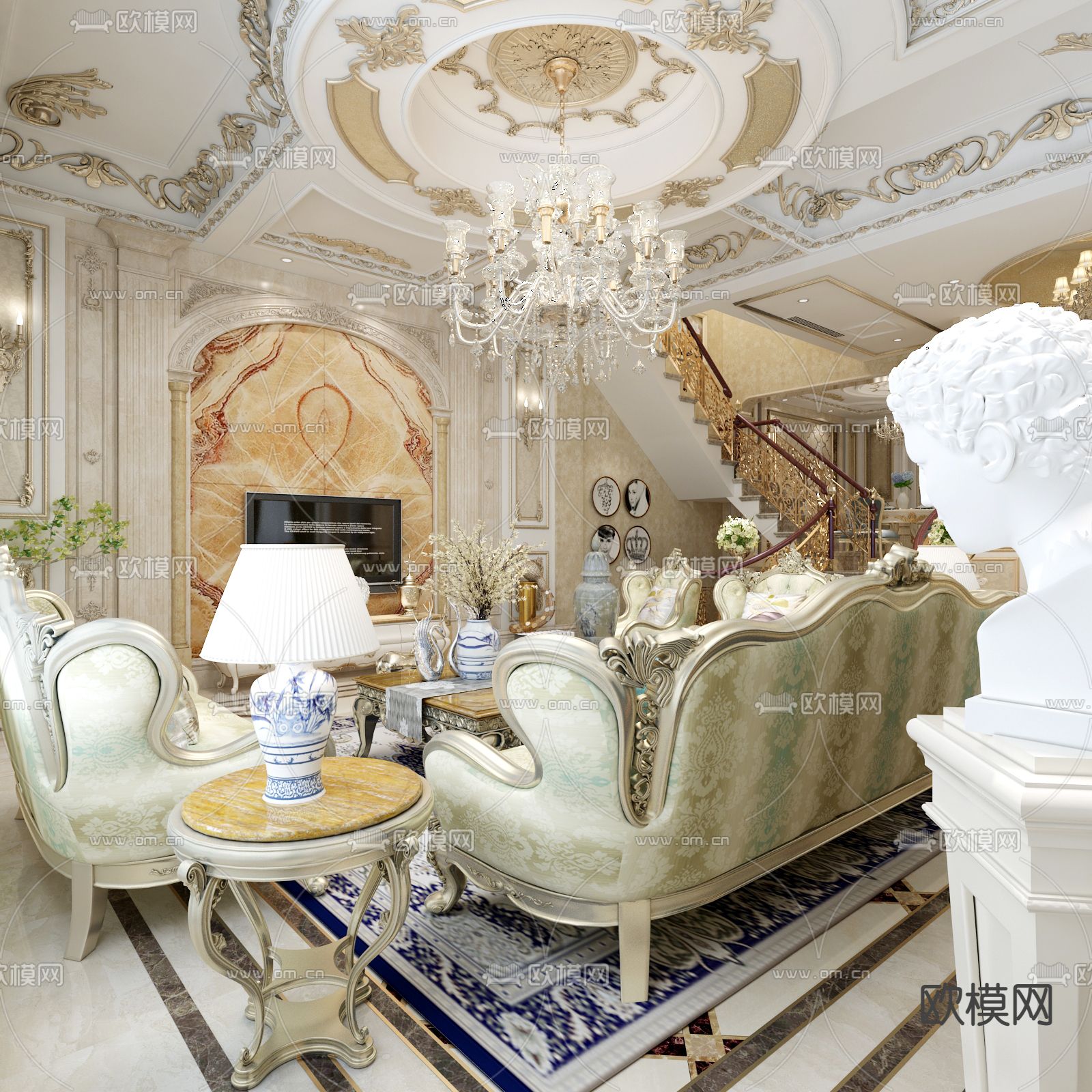 欧式古典复式客厅餐厅3d模型下载（渲染图3）
