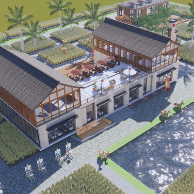  新中式度假会所鸟瞰su模型 