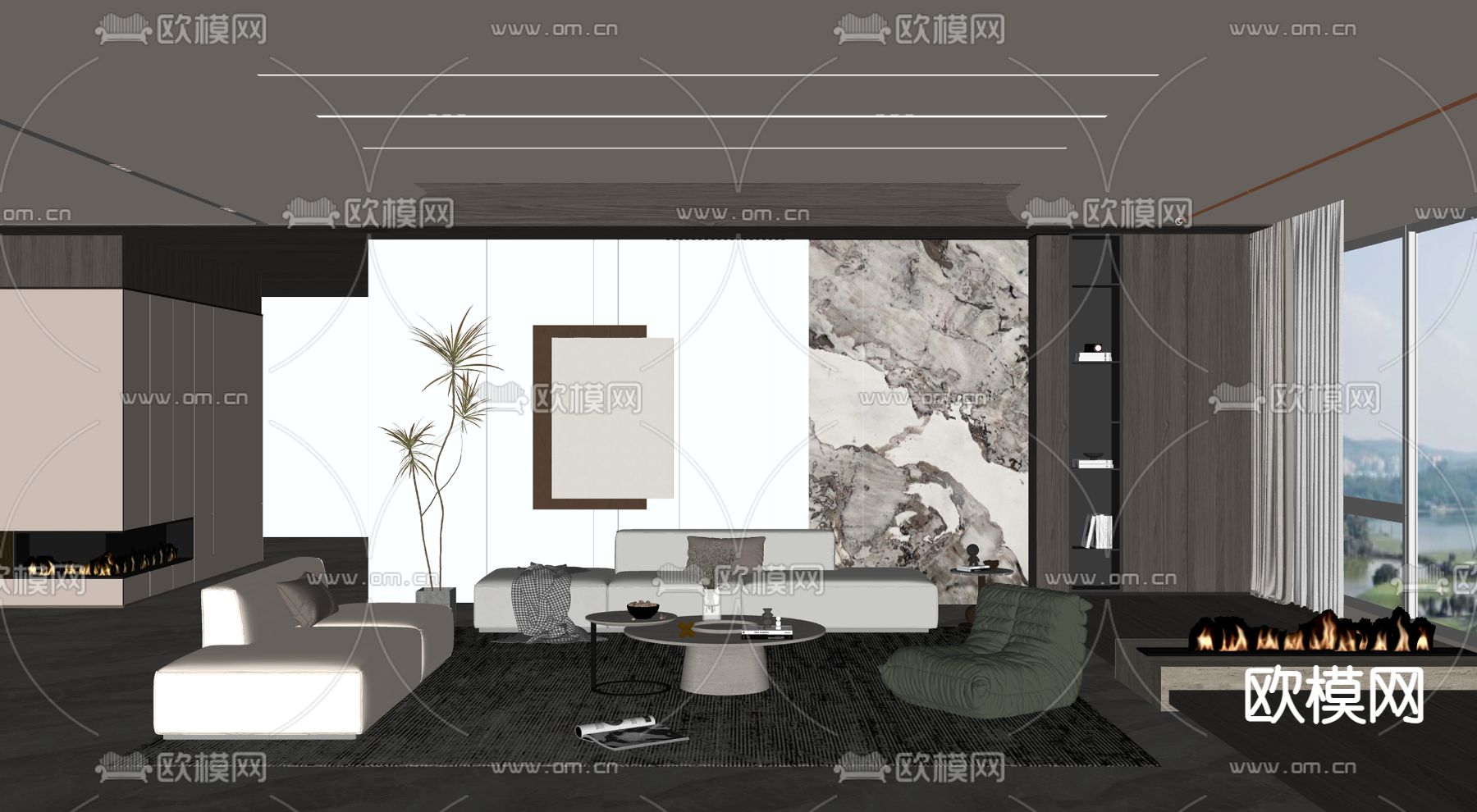 现代轻奢客厅su模型下载（渲染图2）