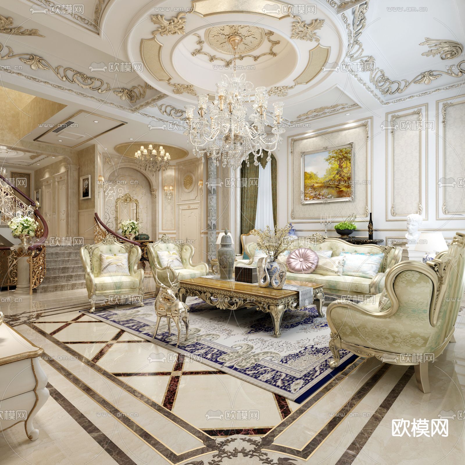 欧式古典复式客厅餐厅3d模型下载（渲染图1）