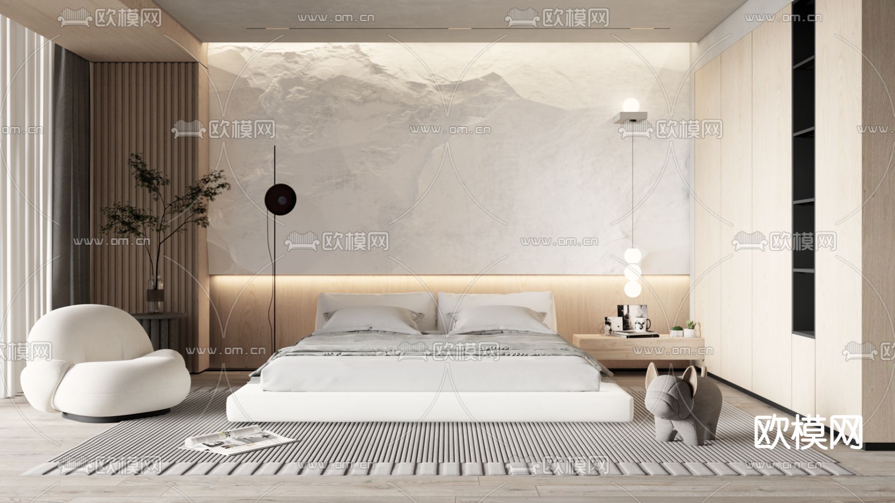 现代日式卧室su模型下载（渲染图1）