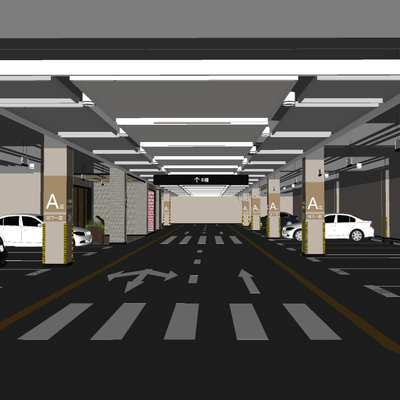  现代停车场地下车库su模型 