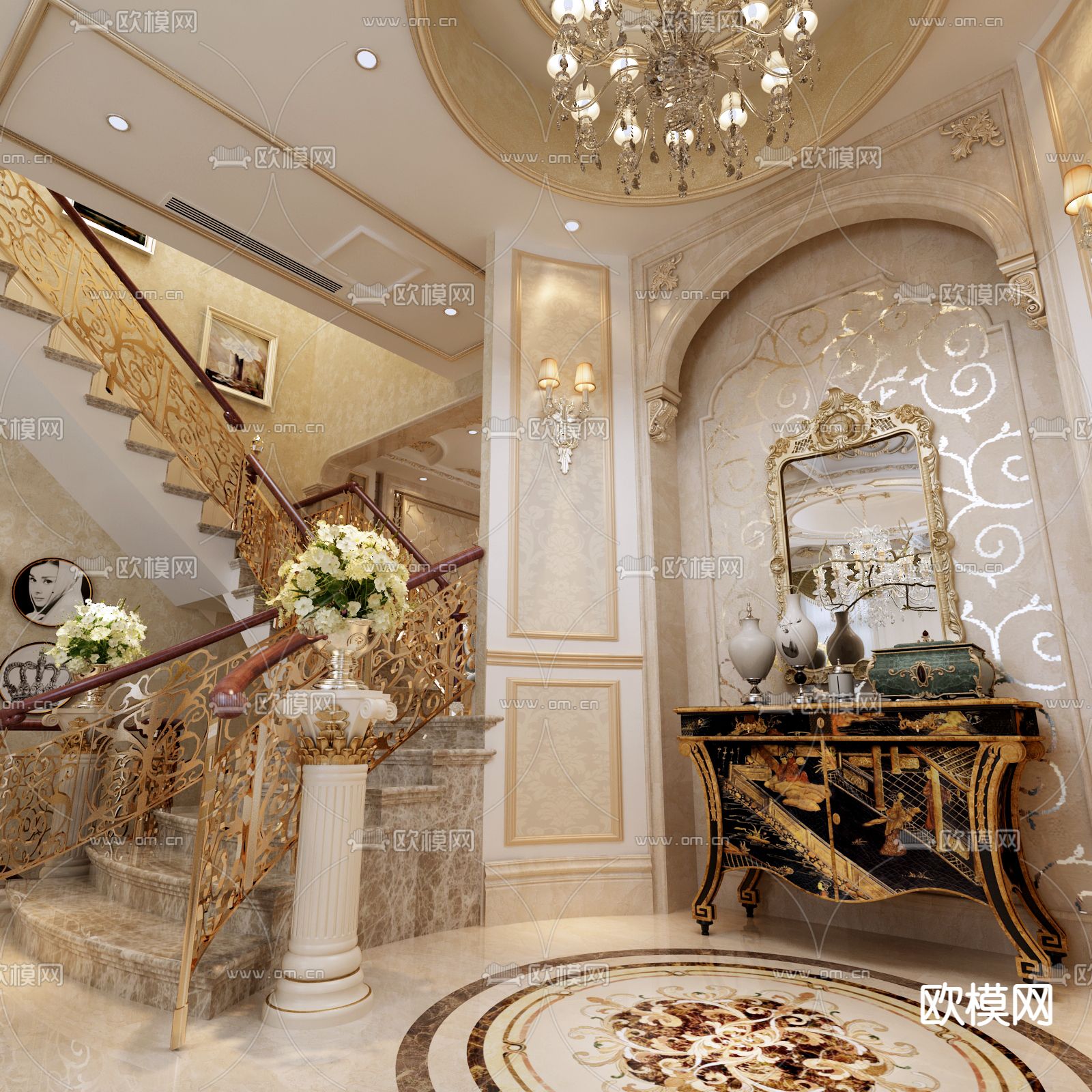 欧式古典复式客厅餐厅3d模型下载（渲染图2）