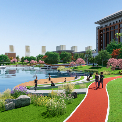  现代学校校园绿道人工湖鸟瞰su模型 