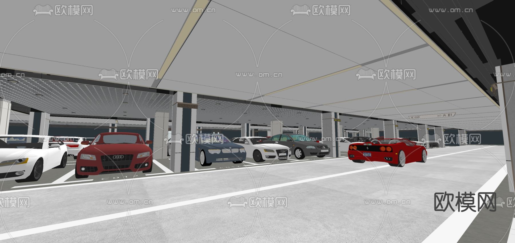 现代停车场地下车库su模型下载（渲染图2）