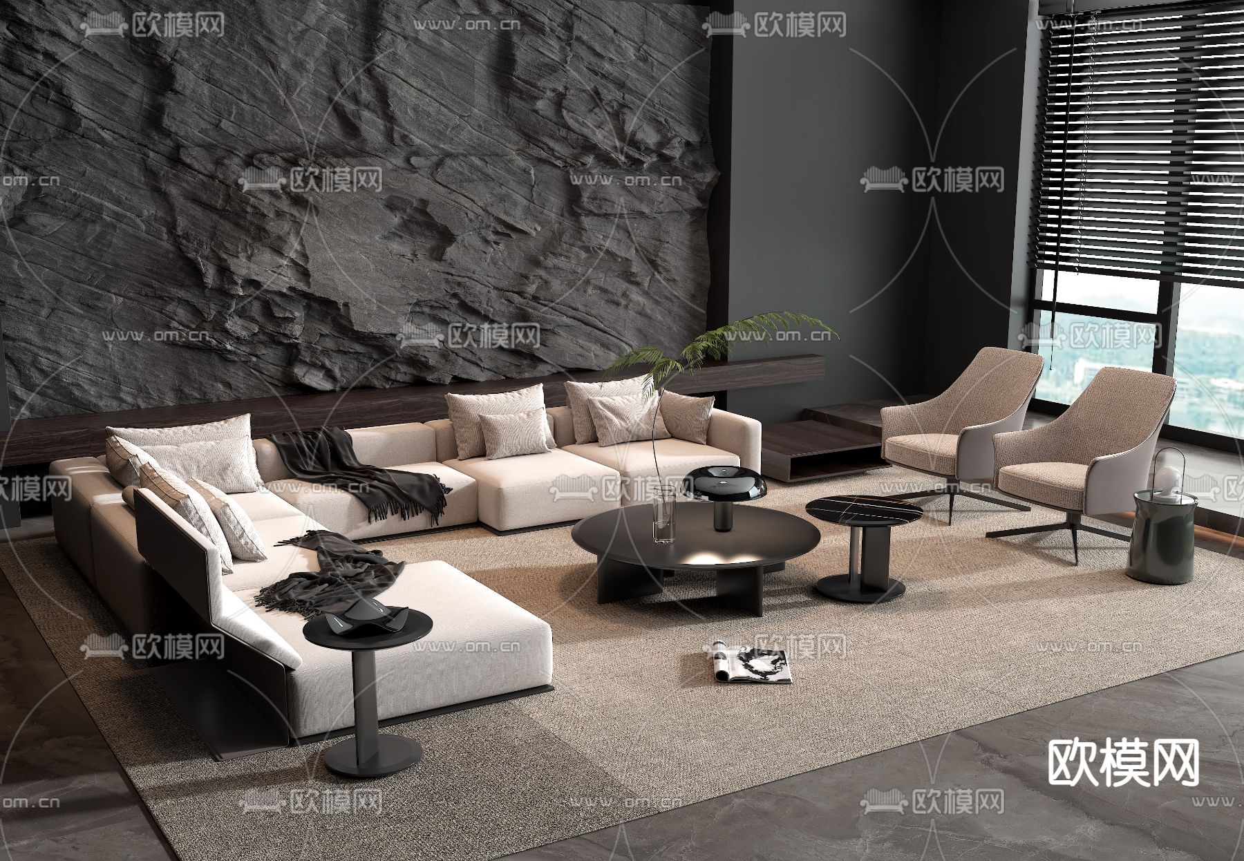 Poliform 现代布艺转角沙发组合su模型下载（渲染图1）