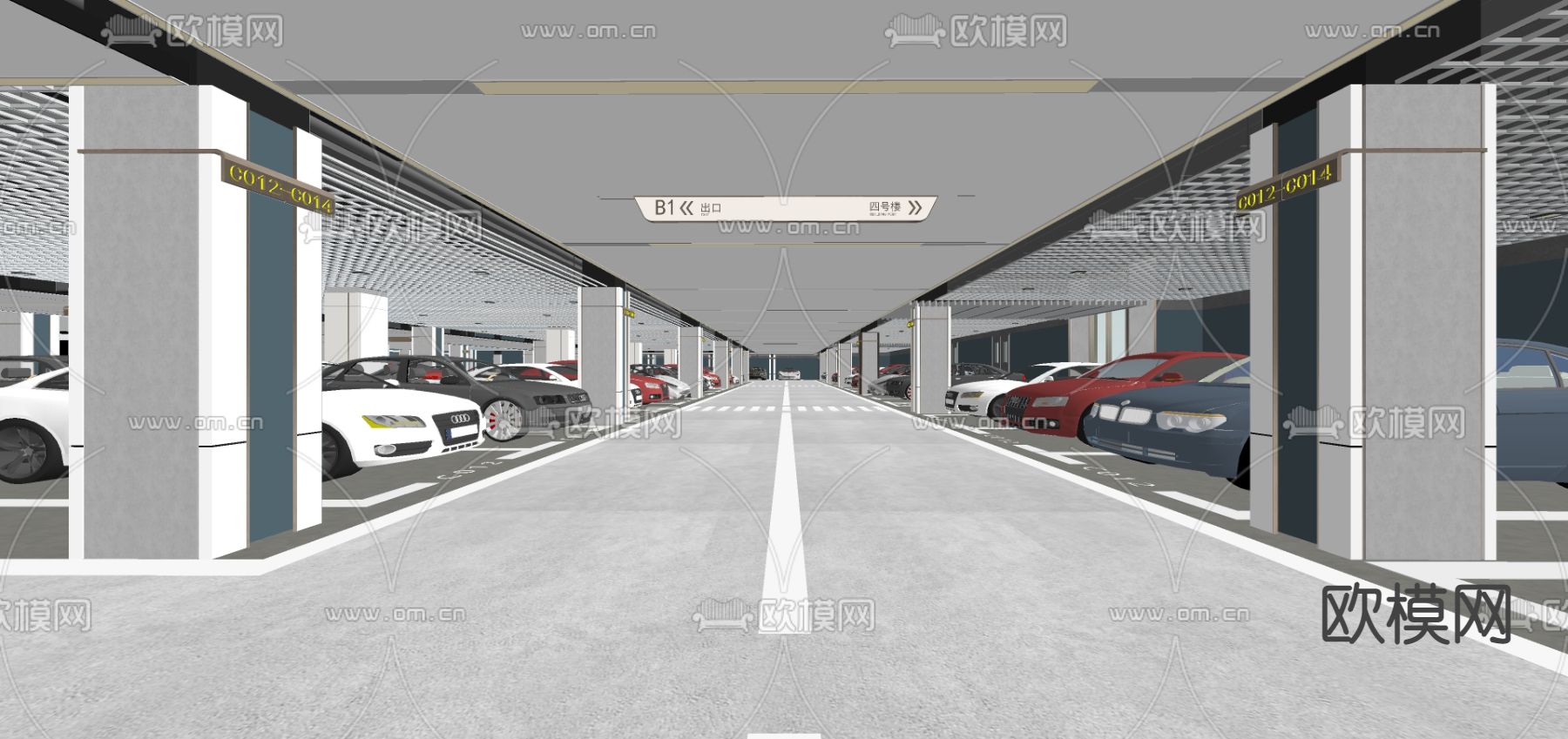 现代停车场地下车库su模型下载（渲染图1）