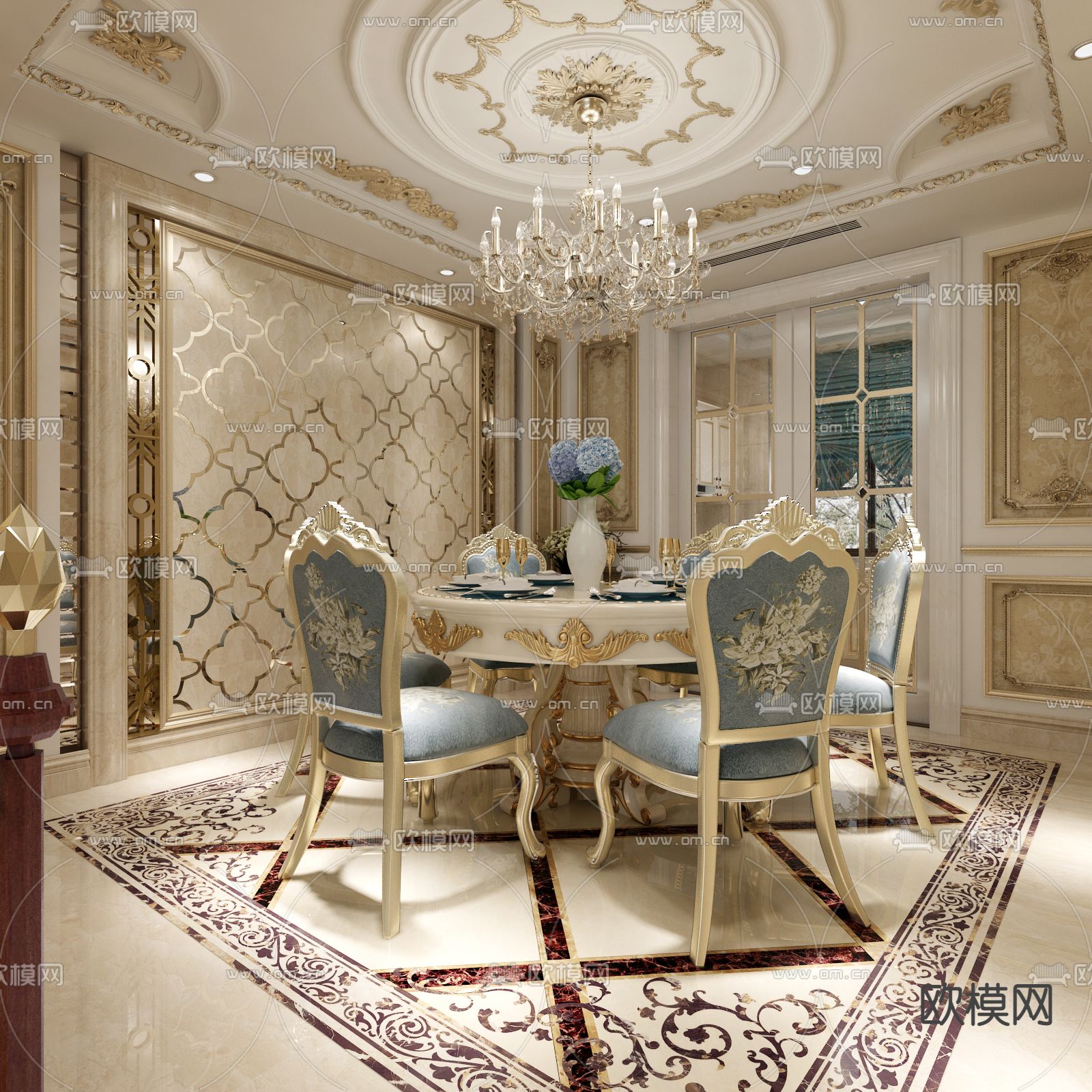 欧式古典复式客厅餐厅3d模型下载（渲染图4）