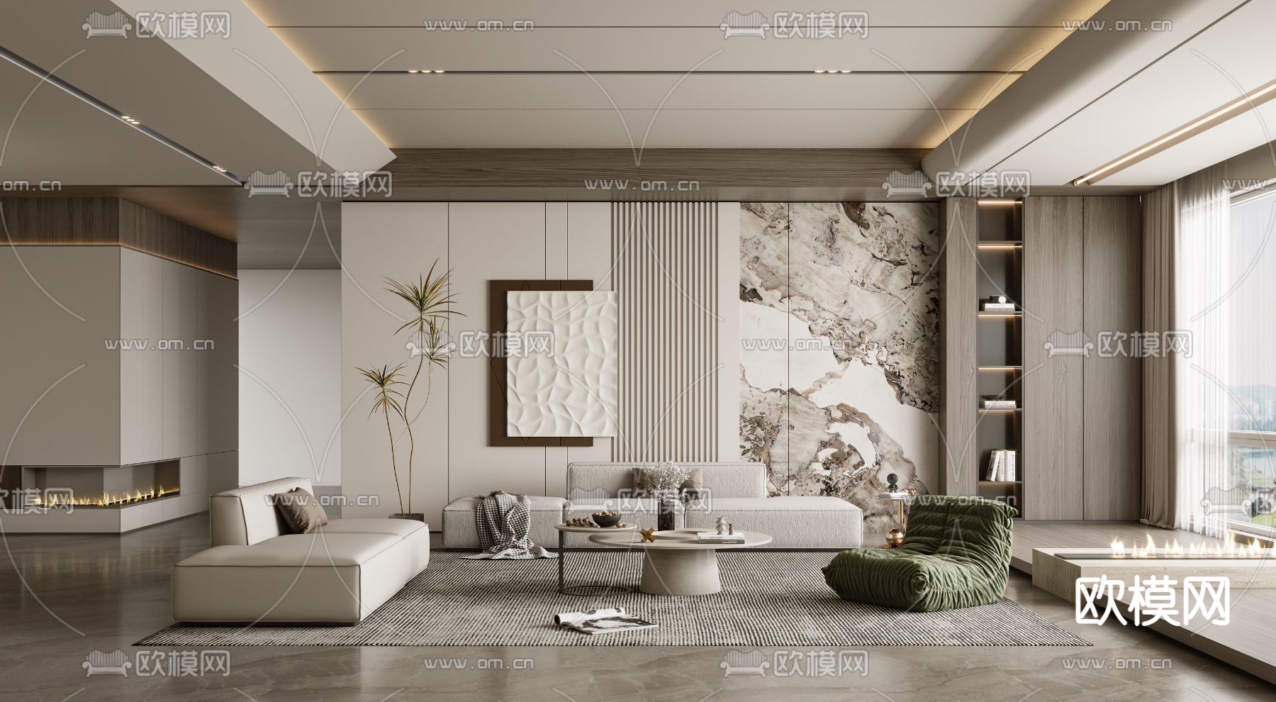 现代轻奢客厅su模型下载（渲染图1）