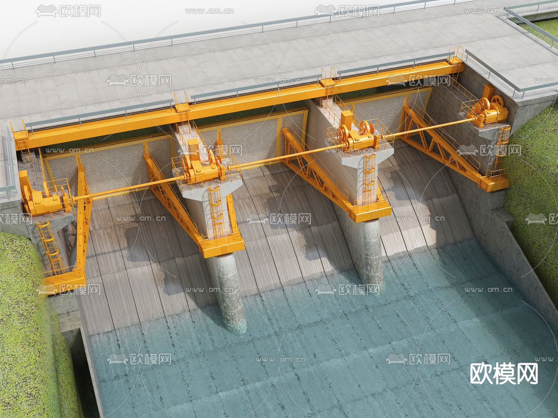 现代水电站水闸闸口su模型下载（渲染图1）