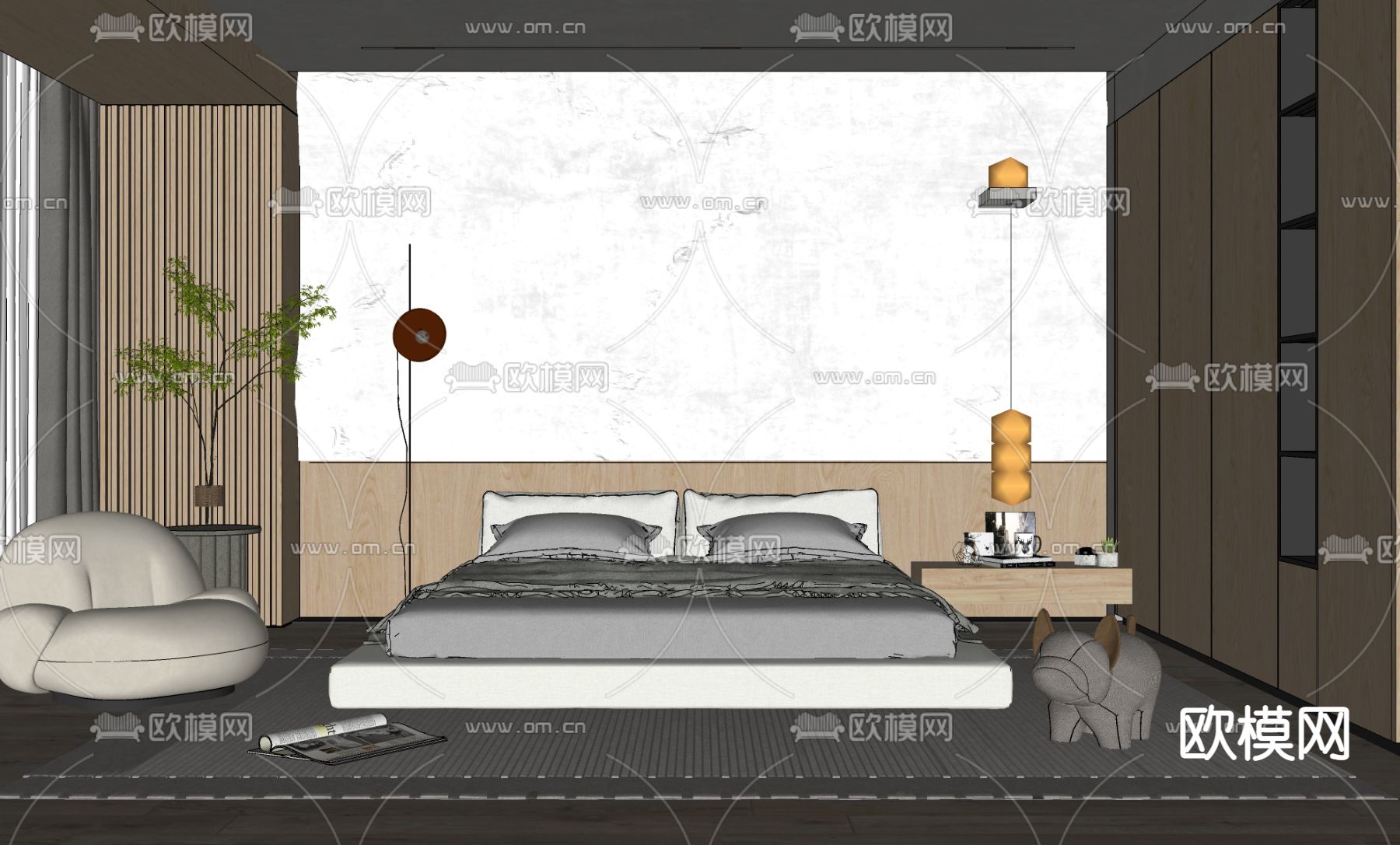 现代日式卧室su模型下载（渲染图2）