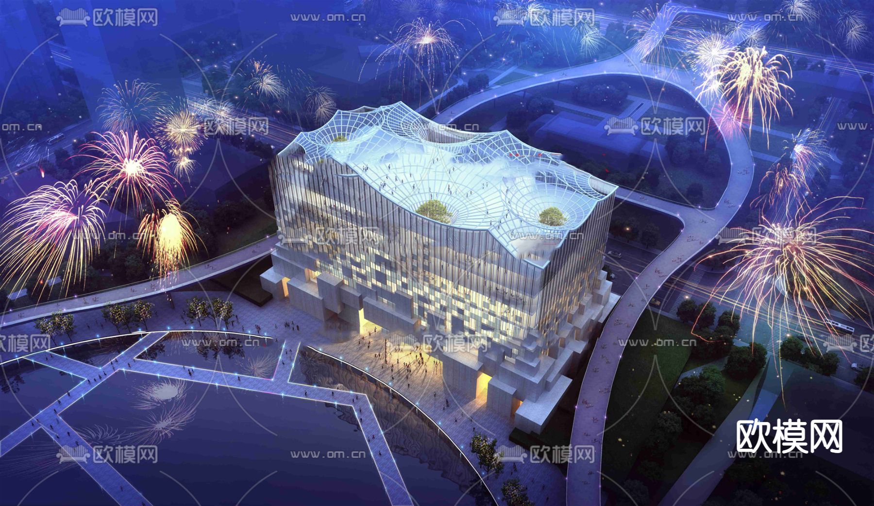 现代城市会展中心鸟瞰su模型下载（渲染图1）