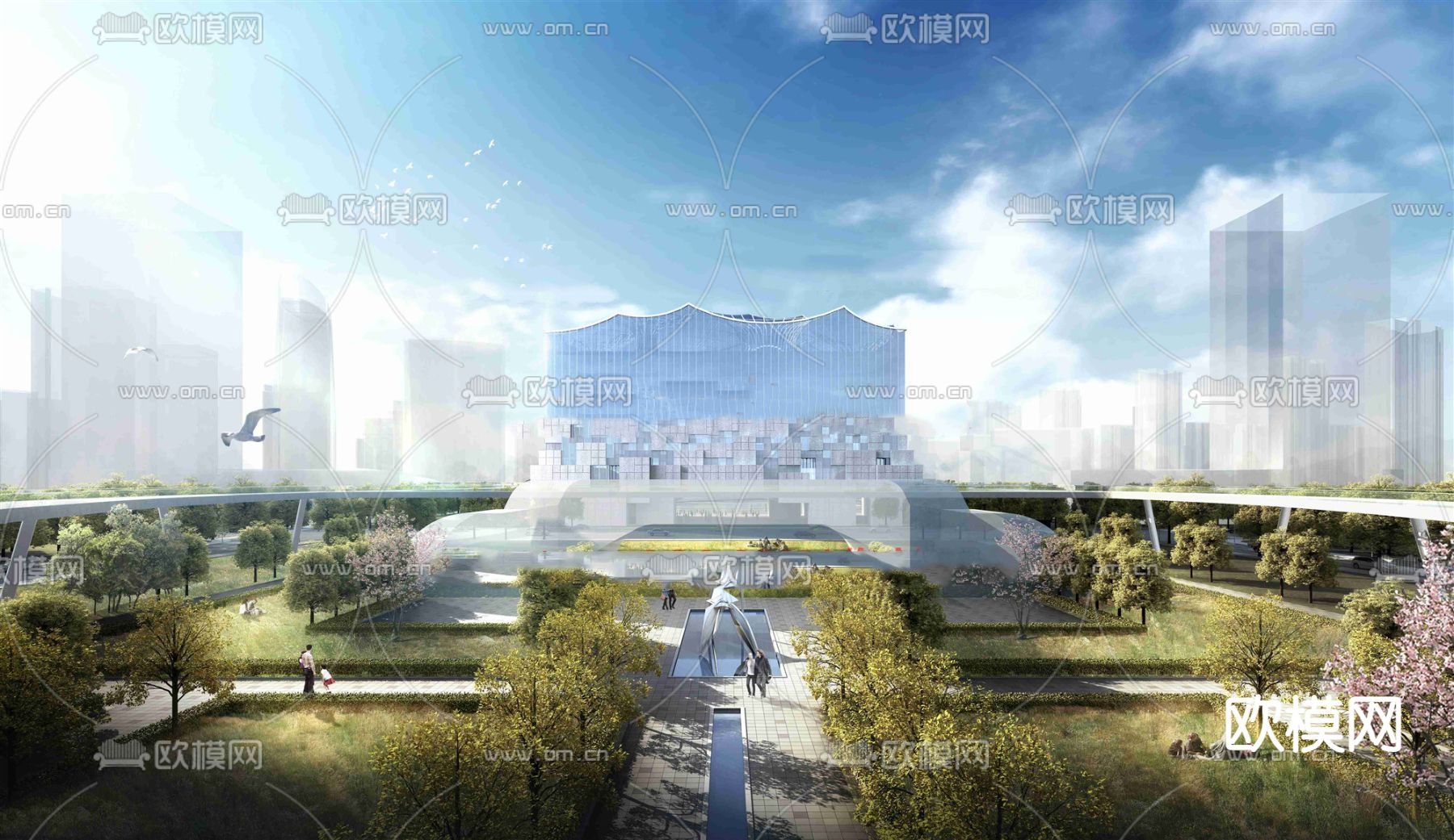 现代城市会展中心鸟瞰su模型下载（渲染图3）