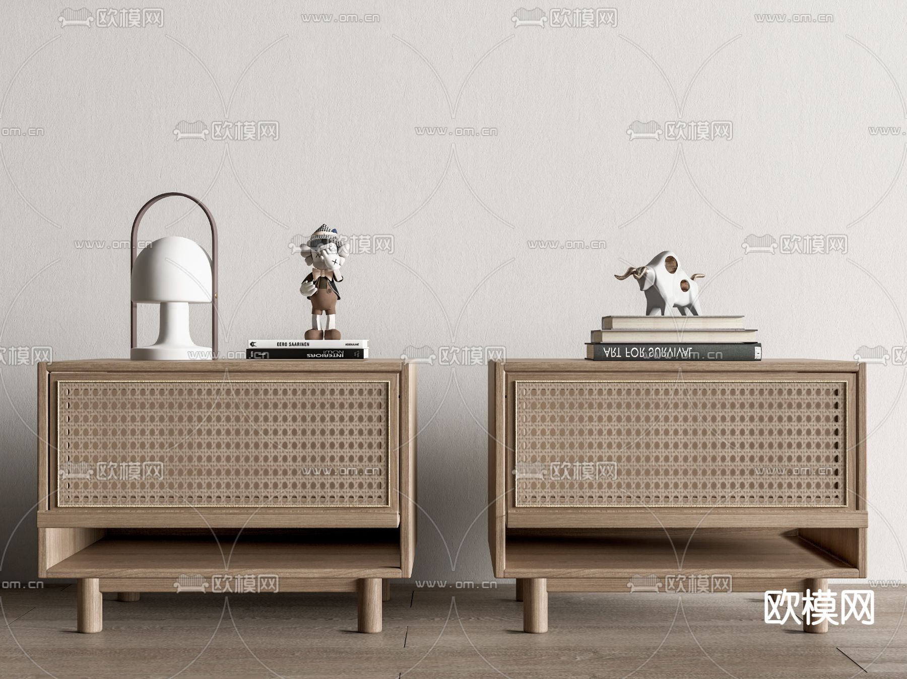 侘寂藤编床头柜su模型下载（渲染图1）