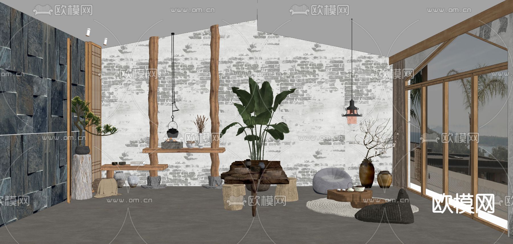 侘寂风民宿大厅su模型下载（渲染图2）
