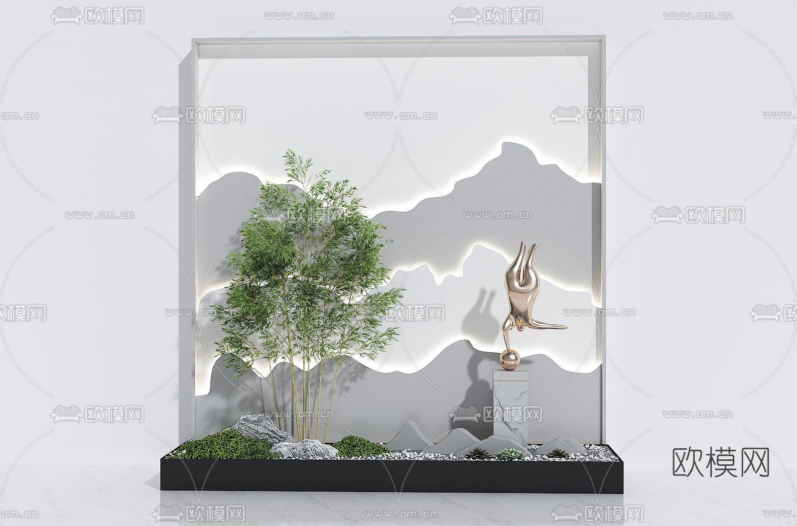 新中式竹子山石景观小品3d模型下载