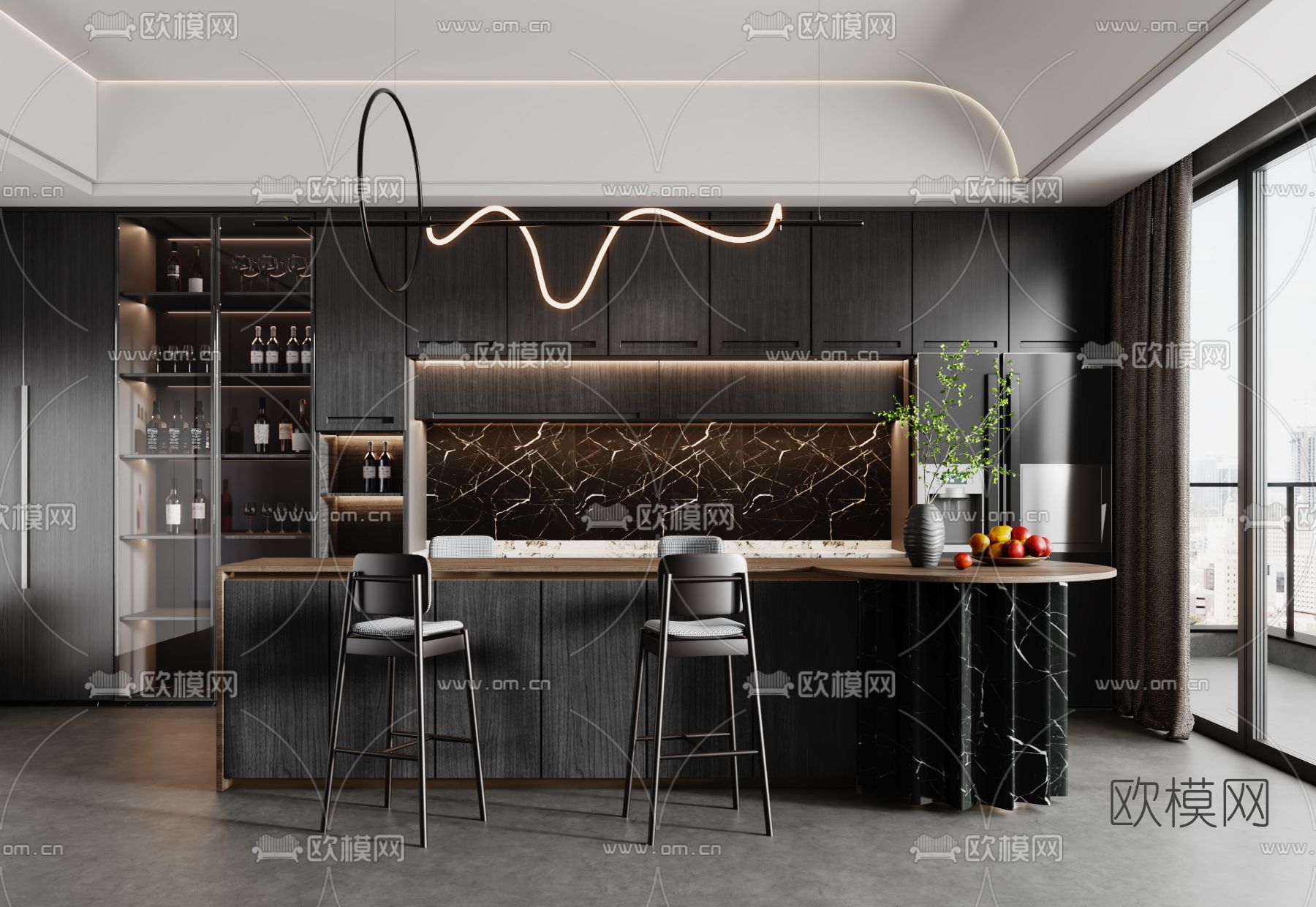 现代高级灰中岛餐厅3d模型下载