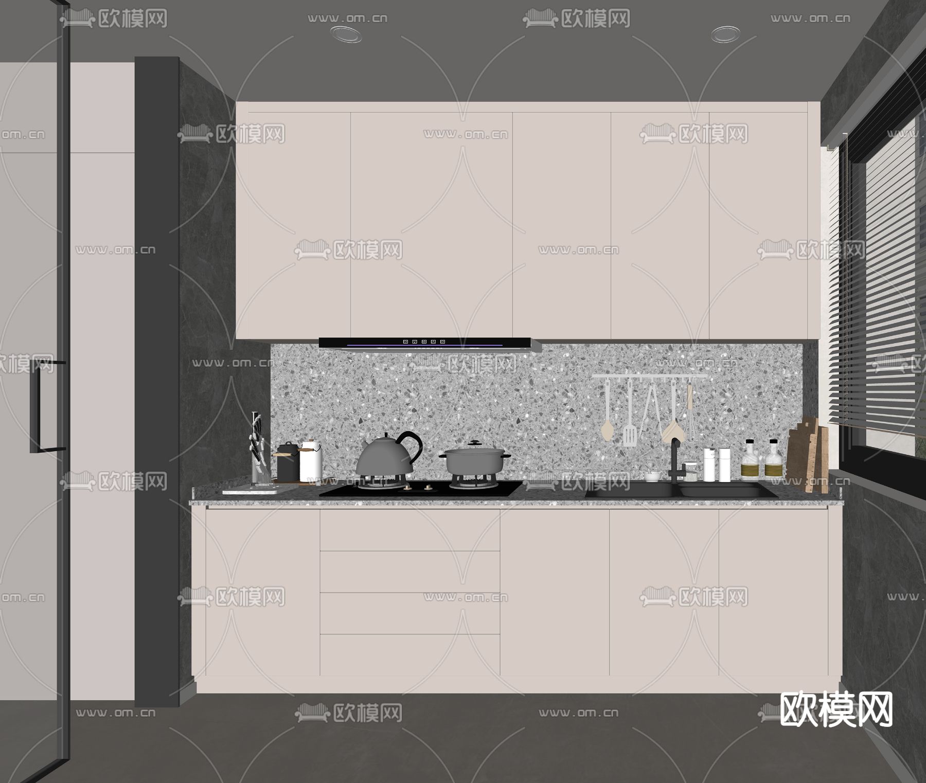 现代厨房橱柜su模型下载（渲染图2）