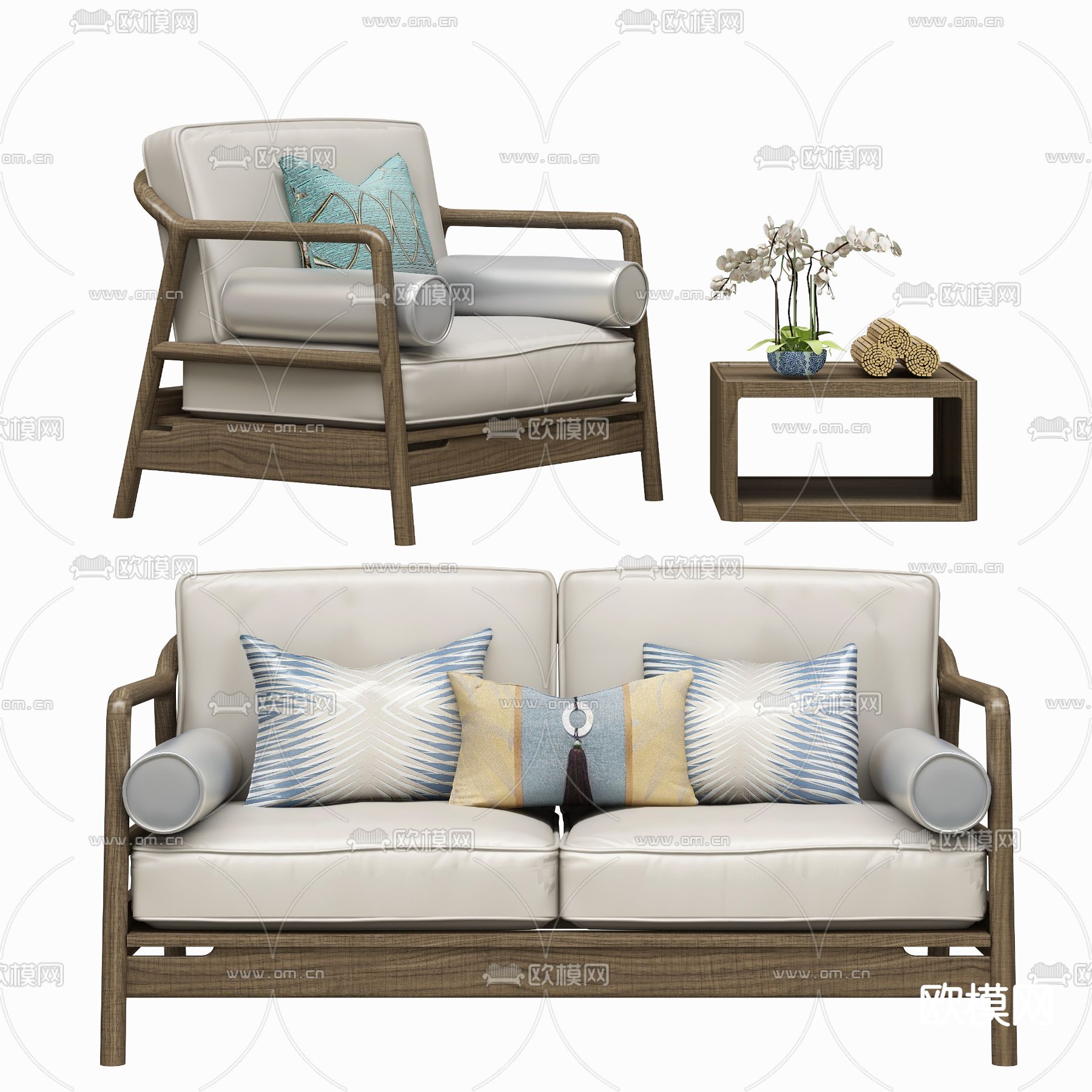 新中式简约皮革沙发3d模型下载