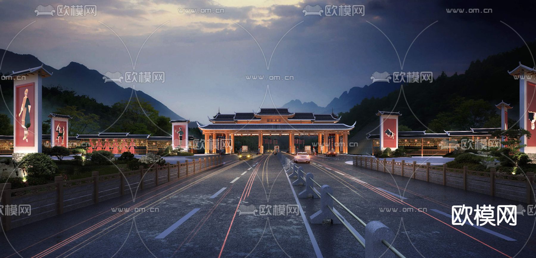 新中式高速路口收费站景观psd下载