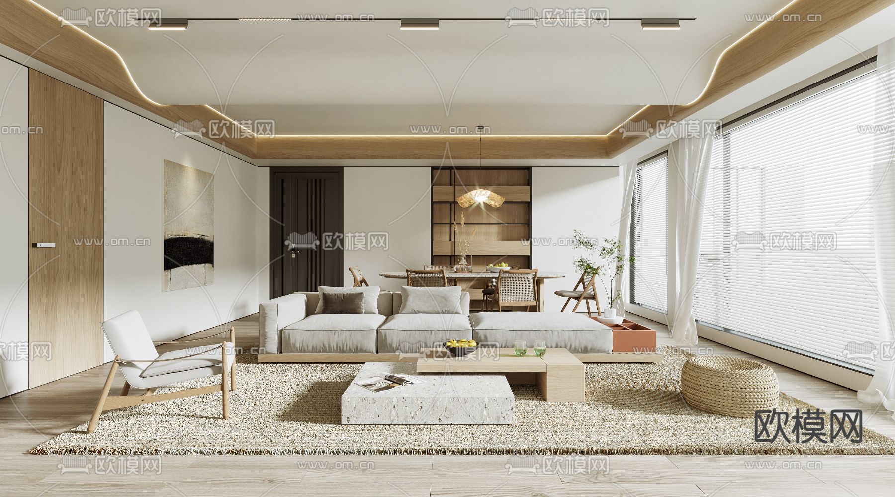 奶油风客厅餐厅3d模型下载