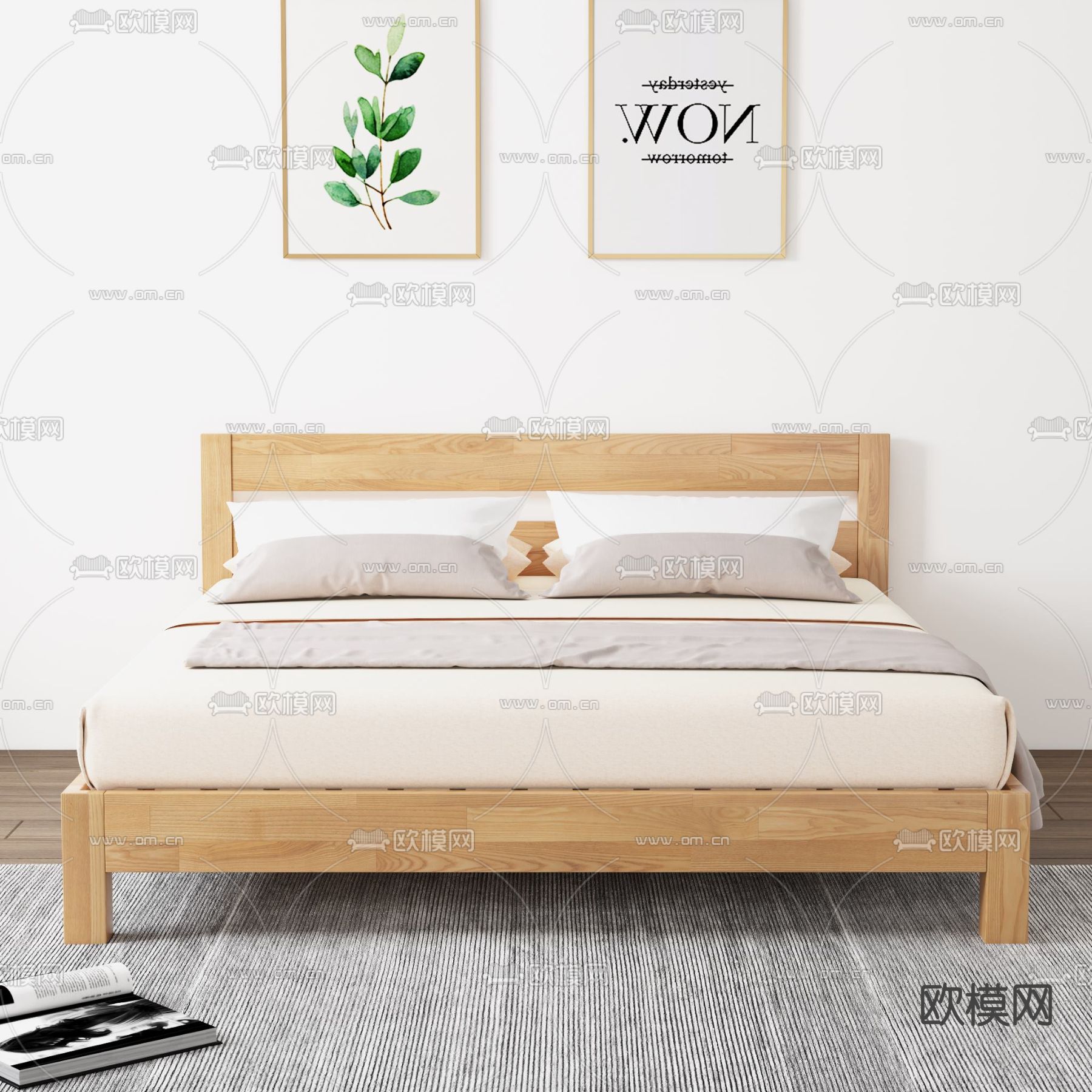 北欧风实木双人床3d模型下载（渲染图2）