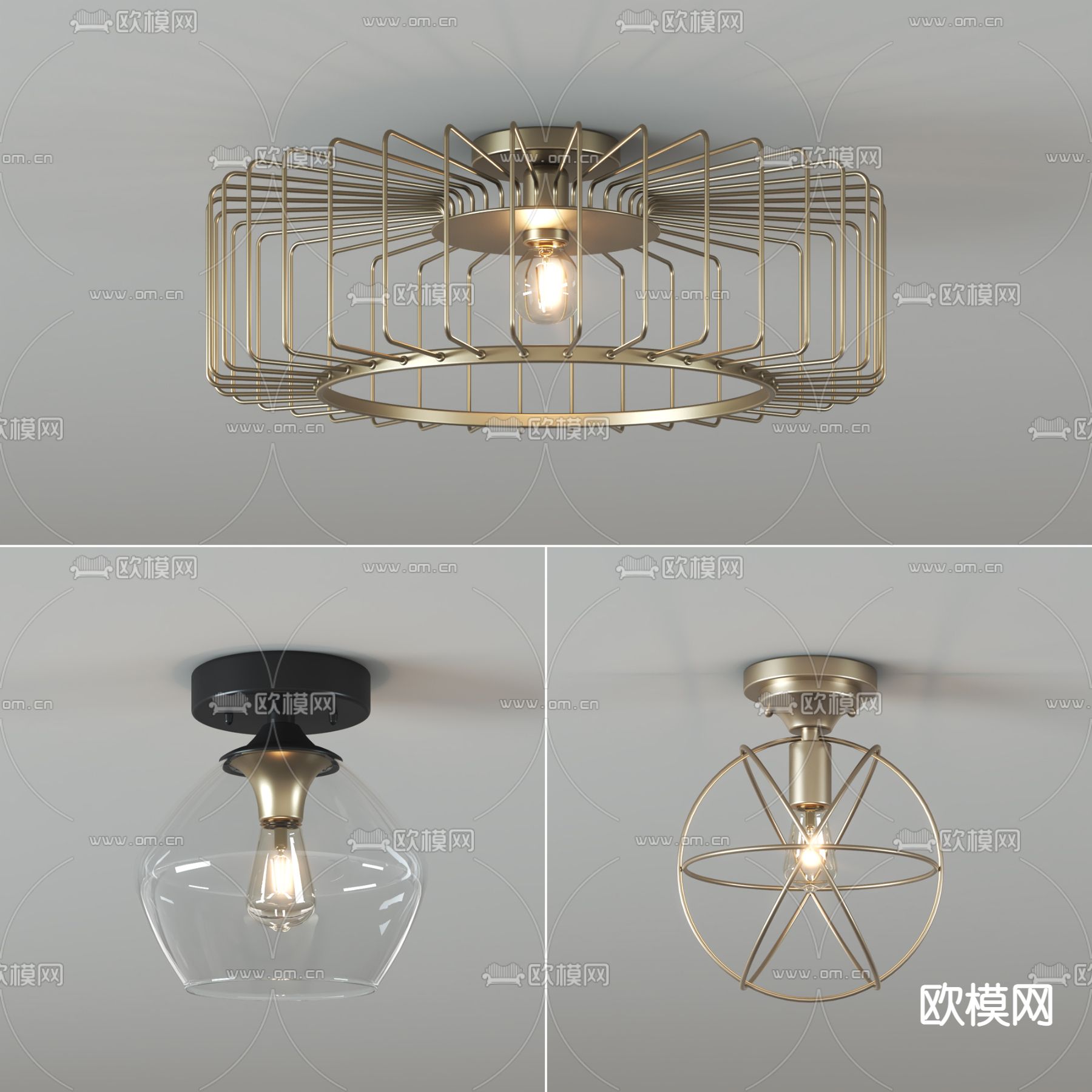 美式金属吸顶灯3d模型下载（渲染图3）
