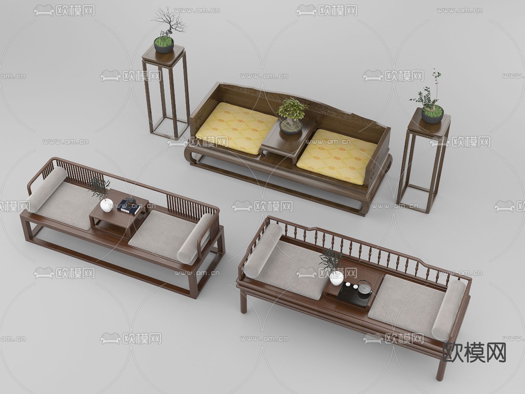 新中式实木罗汉床3d模型下载