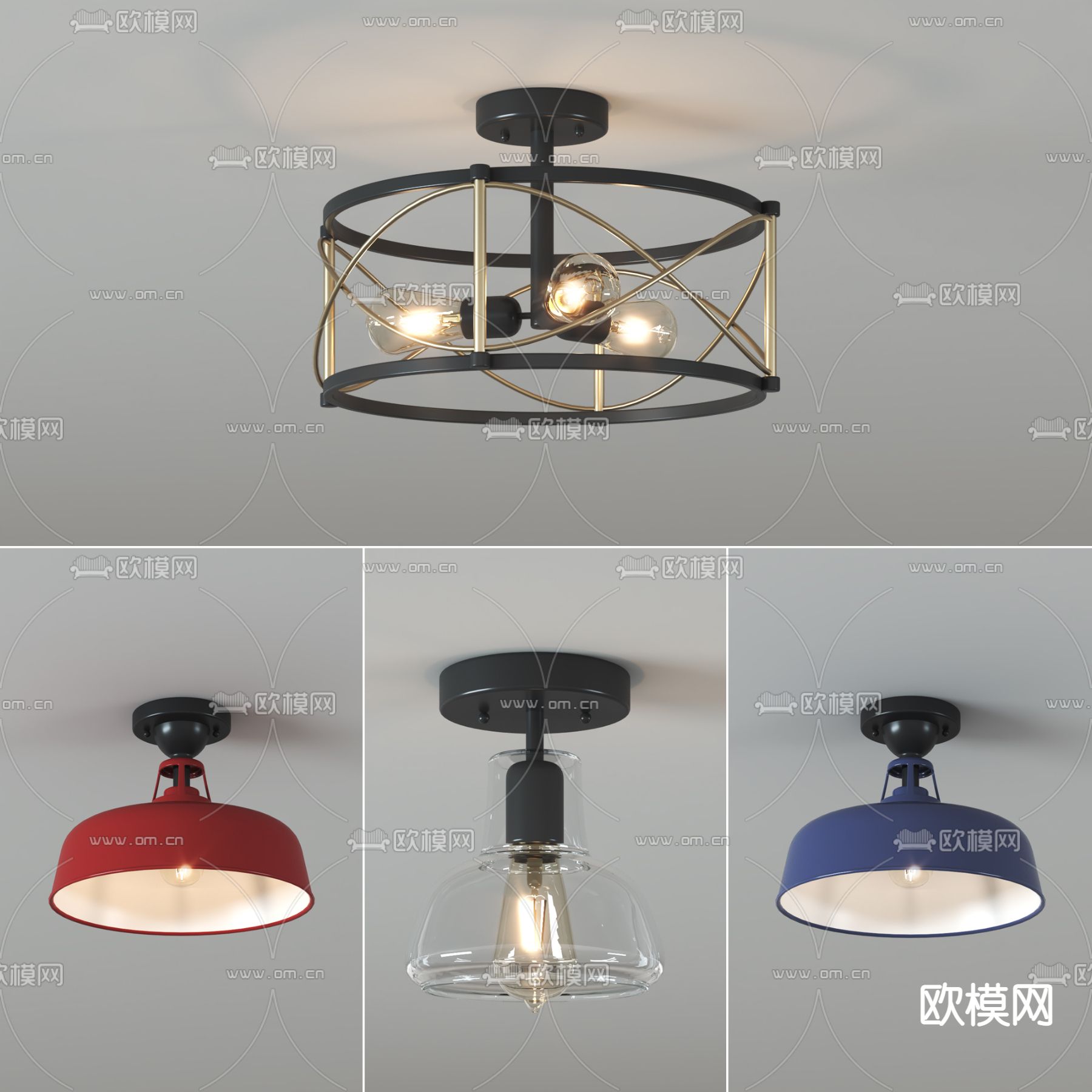 美式彩漆圆盘灯罩吸顶灯3d模型下载（渲染图2）