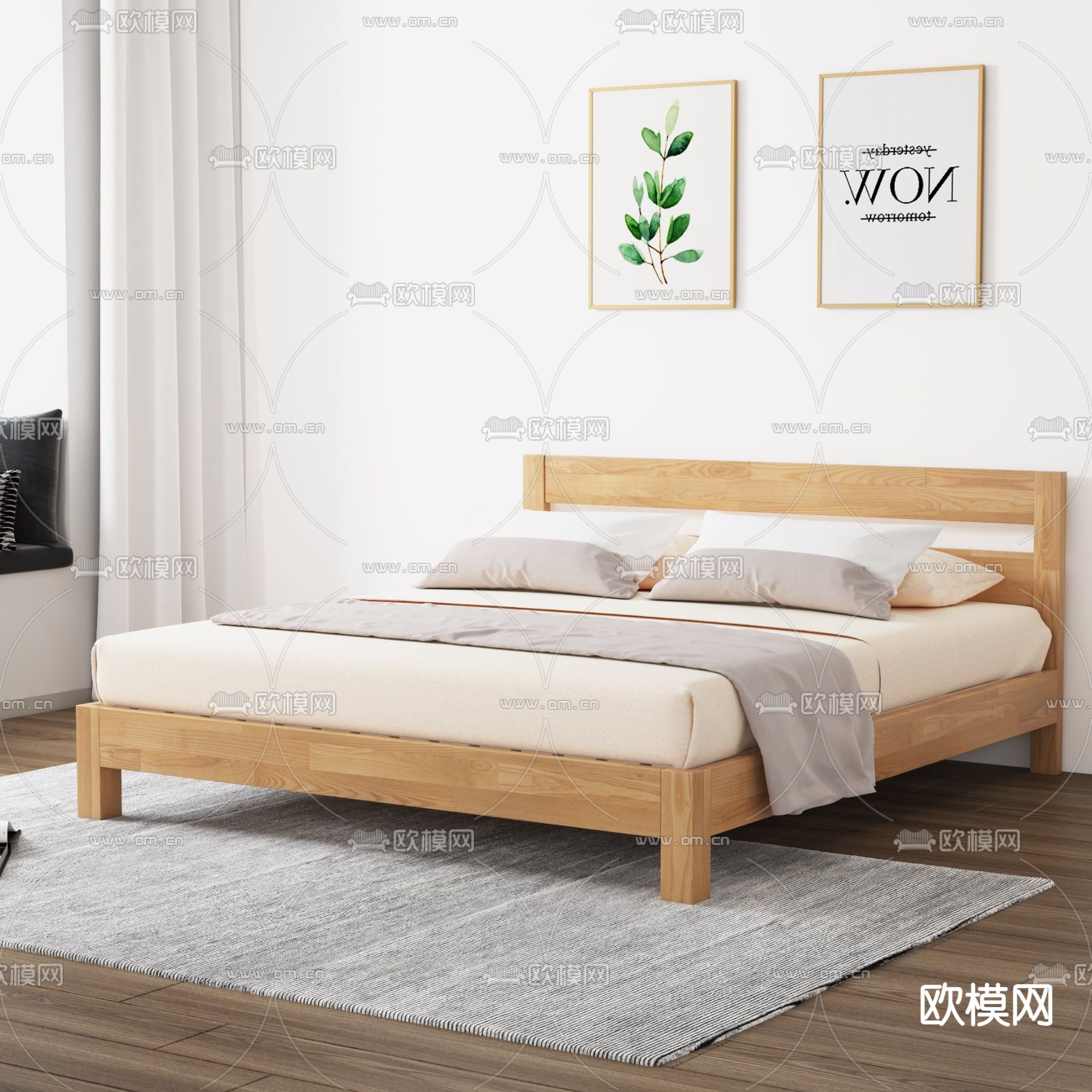 北欧风实木双人床3d模型下载（渲染图3）