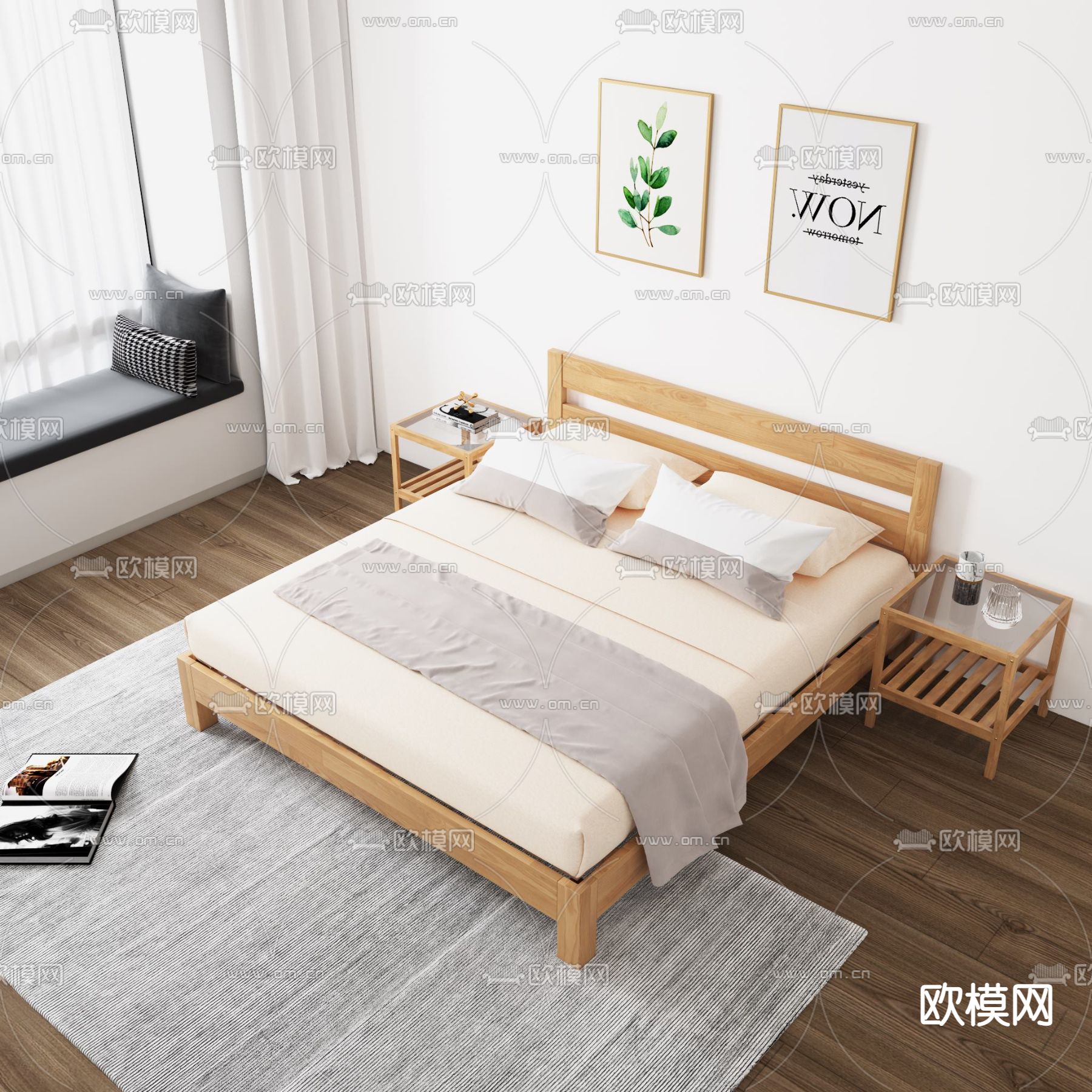 北欧风实木双人床3d模型下载（渲染图1）