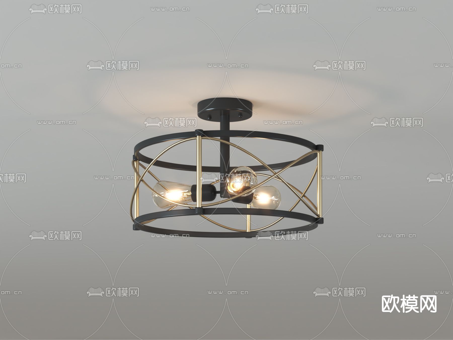 美式彩漆圆盘灯罩吸顶灯3d模型下载（渲染图1）