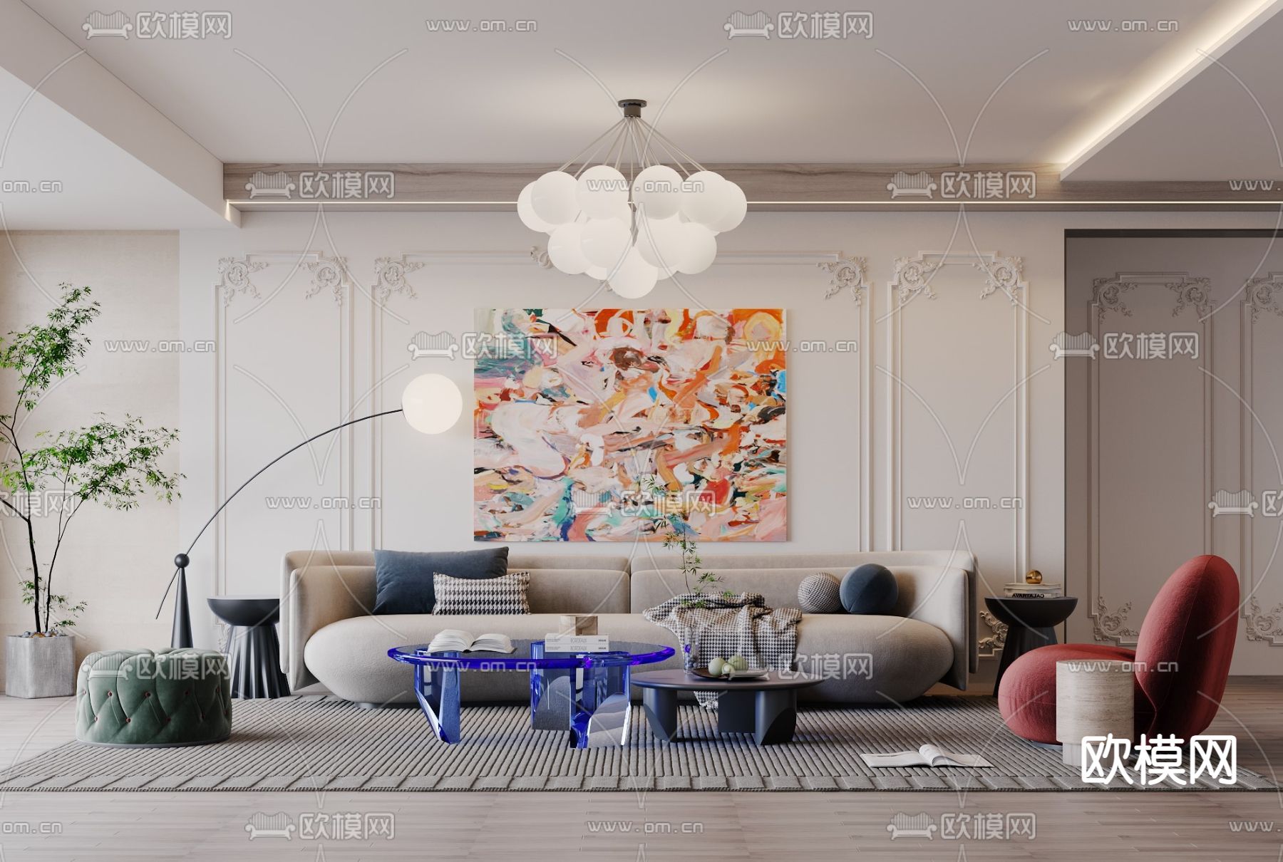 法式布艺沙发组合3d模型下载