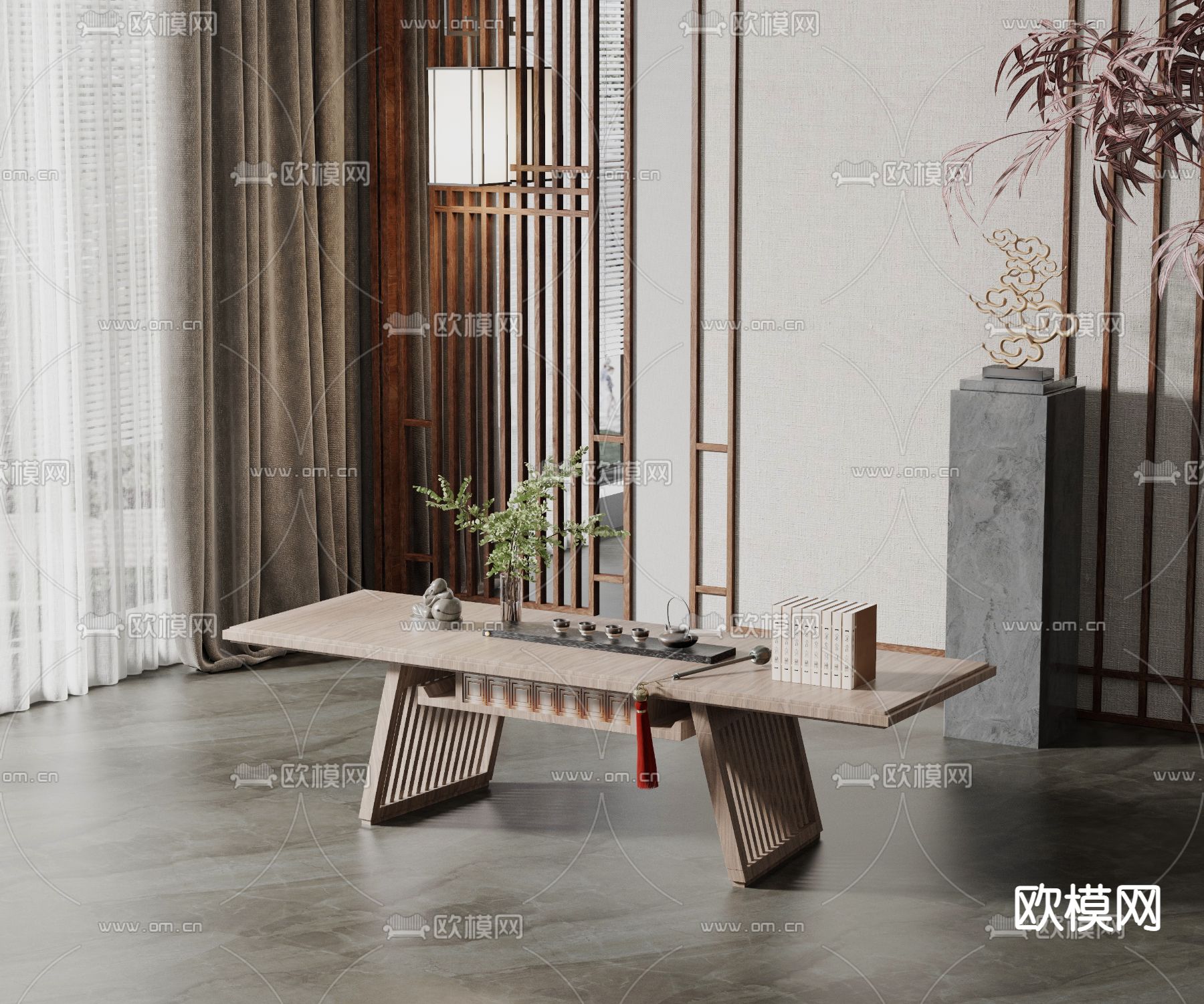 新中式实木茶几3d模型下载_ID12035322_3dmax免费模型-欧模网