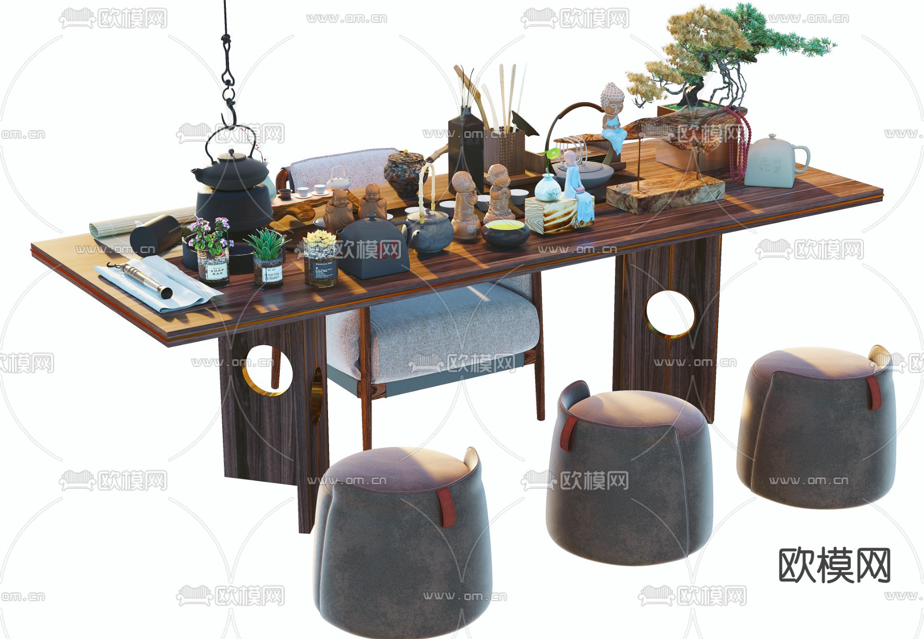 新中式实木茶桌椅3d模型下载（渲染图1）