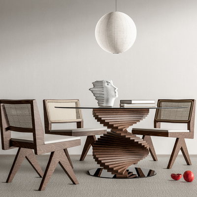  Cassina侘寂圆形餐桌椅su模型 